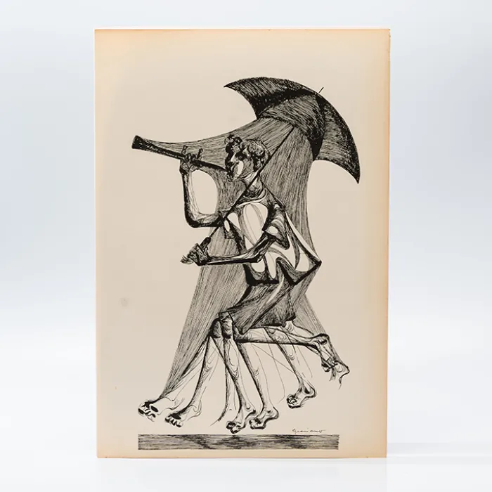 Gravura Clóvis Graciano nº 17 – Figura Feminina com Instrumento de Sopro e Guarda-Chuva