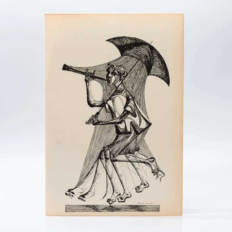 Gravura Clóvis Graciano nº 17 – Figura Feminina com Instrumento de Sopro e Guarda-Chuva