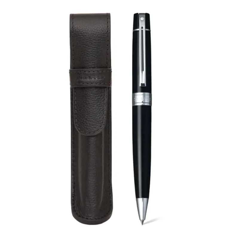 Gift Set Sheaffer 300 – Caneta Esferográfica Preto Brilhante com Acabamento Cromado + Porta-Caneta em Couro Legítimo
