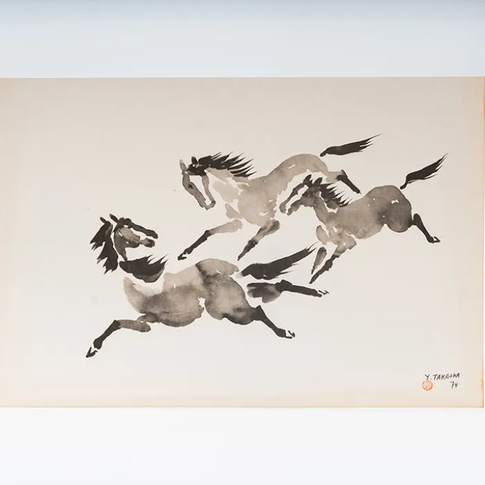 Gravura Yoshiya Takaoka — Cavalos nº 8 (Três em salto), 1974/75 — Coleção “Cavalos”, Editora Cultrix