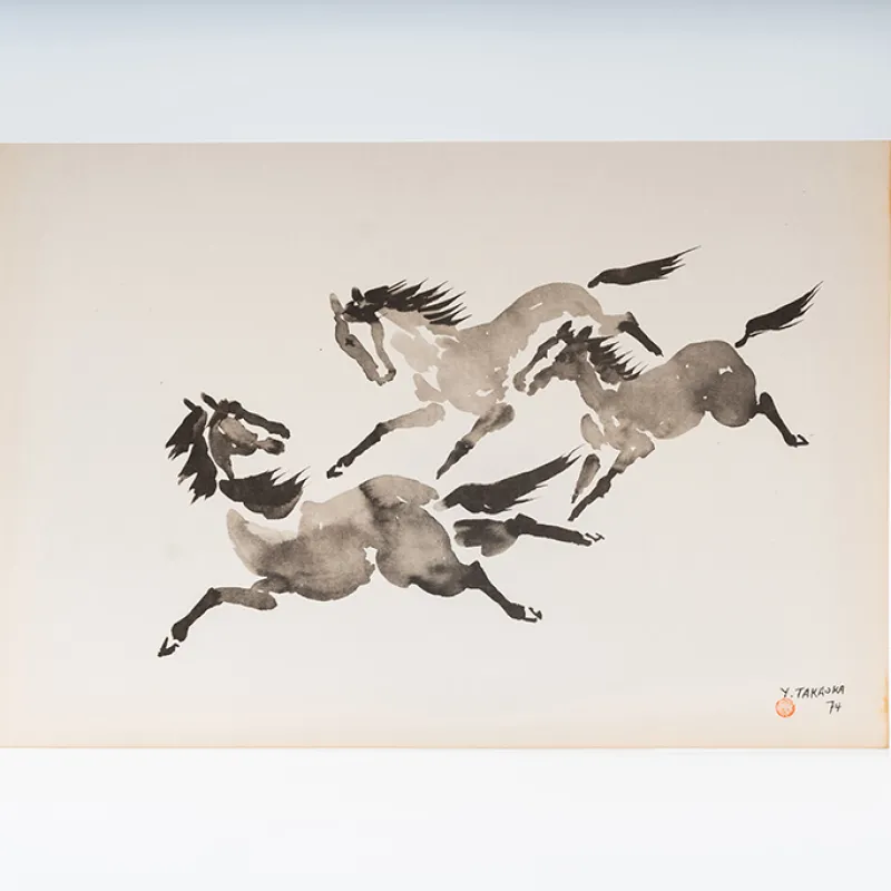Gravura Yoshiya Takaoka — Cavalos nº 8 (Três em salto), 1974/75 — Coleção “Cavalos”, Editora Cultrix