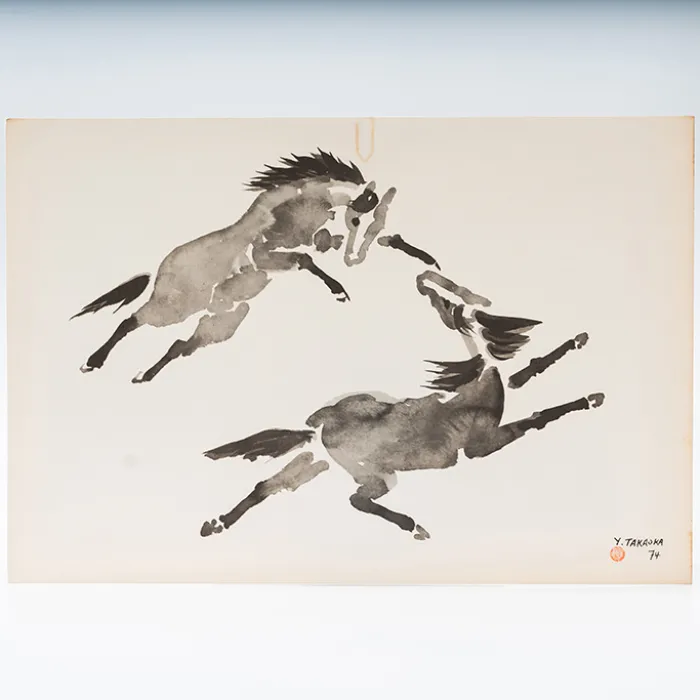 Gravura Yoshiya Takaoka — Cavalos nº 9 (Dois em salto oposto), 1974/75 — Coleção “Cavalos”, Editora Cultrix